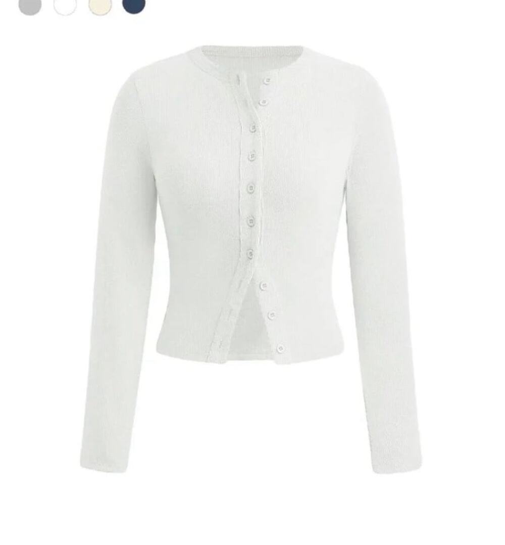 White Ribbed Button Front Long Sleeve Top Size Small